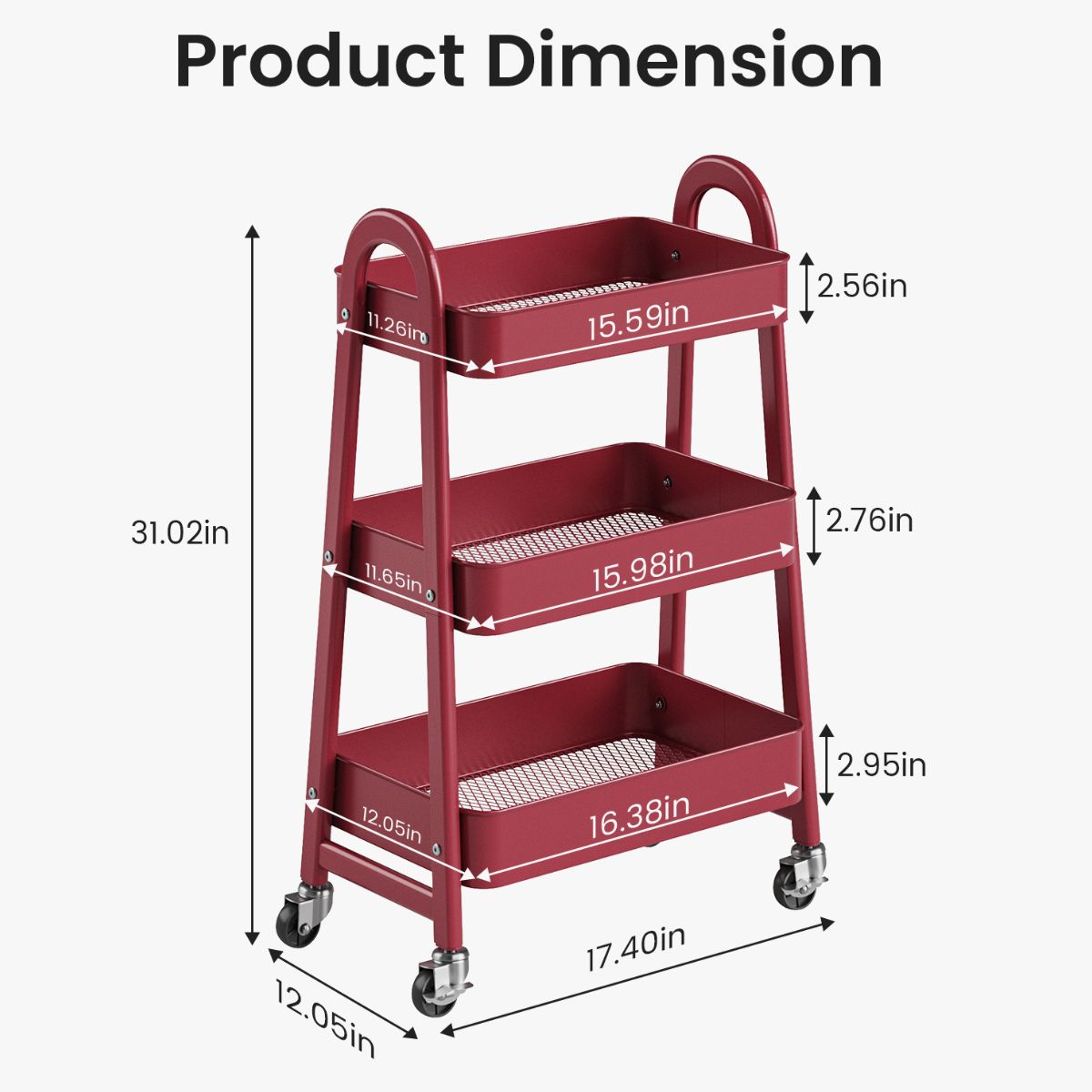 3-Tier Rolling Cart, Metal Utility Storage Lockable Wheels, For