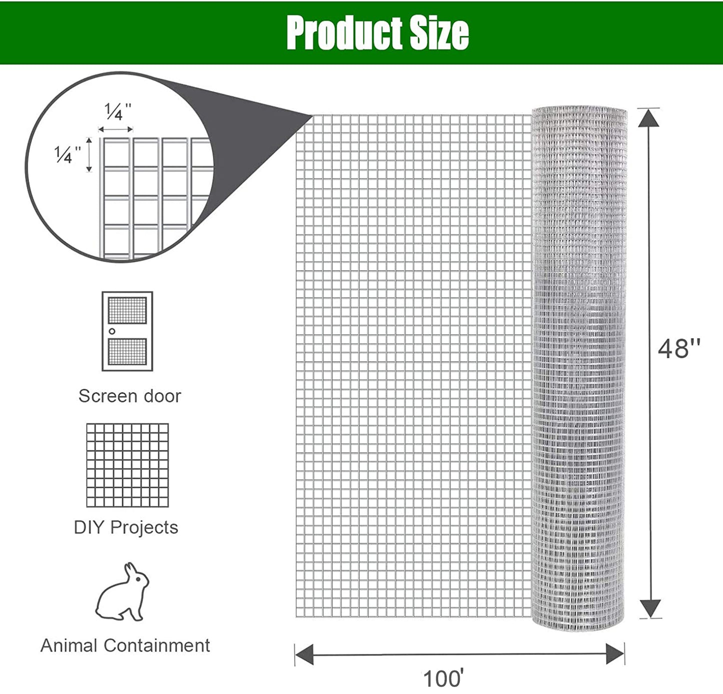 Galvanized Chicken Wire Mesh Fence Roll for Poultry & Garden Protection - 48in x 100ft