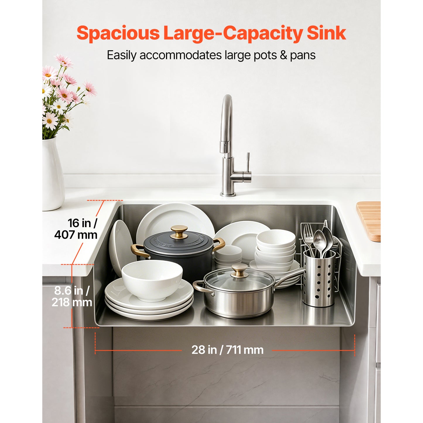 30-Inch Undermount Kitchen Sink - Single Bowl Stainless Steel Farmhouse Basin for RV, Prep, Laundry