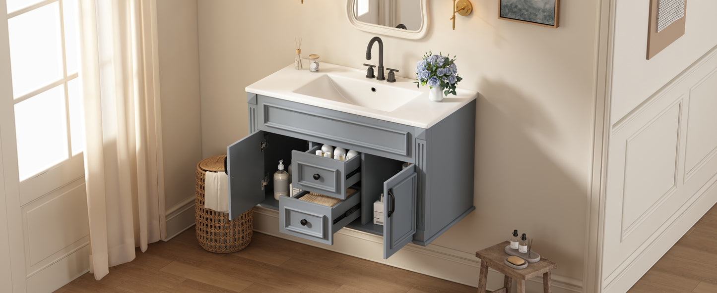 36-Inch Wall-Mounted Bathroom Vanity with Ceramic Sink - Gray