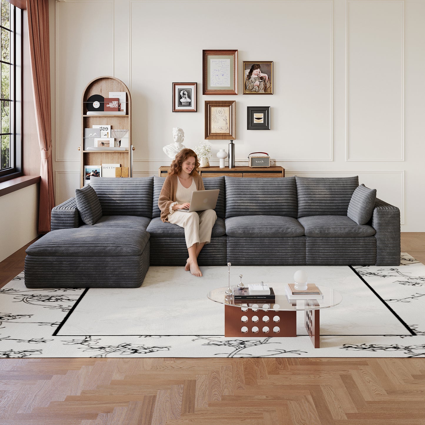 134" Cloud Sofa - Dark Grey Corduroy Fabric, Deep Seat, Removable Cushion