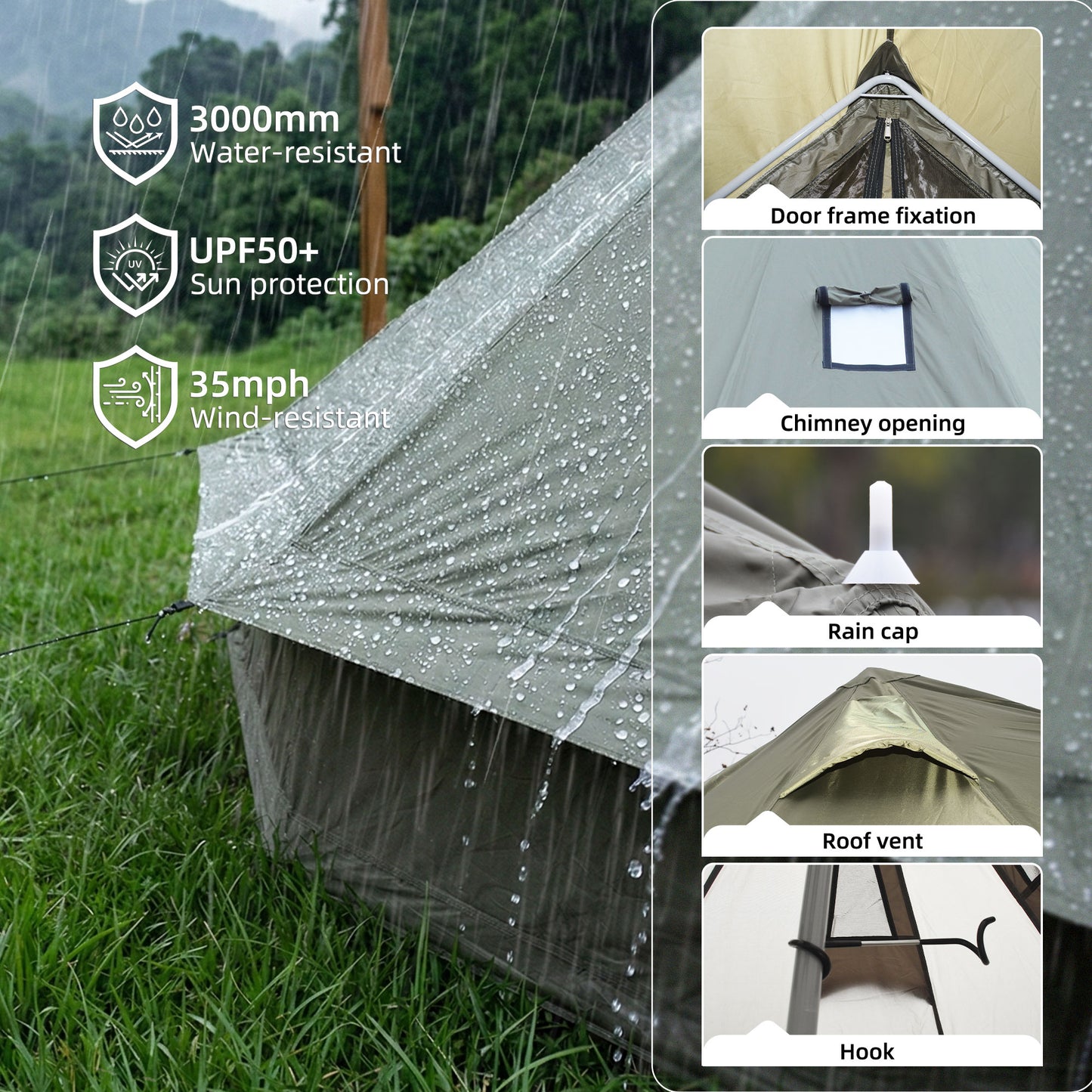Beige 4-Season Bell Tent 13.1FT - Waterproof Family Camping Yurt