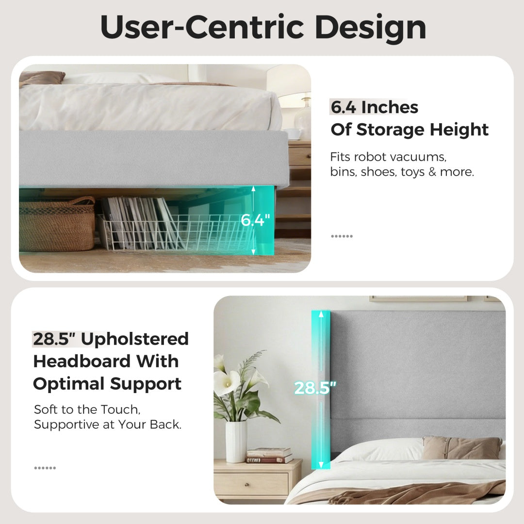 Full Size Upholstered Bed Frame with USB Charging Ports - Grey