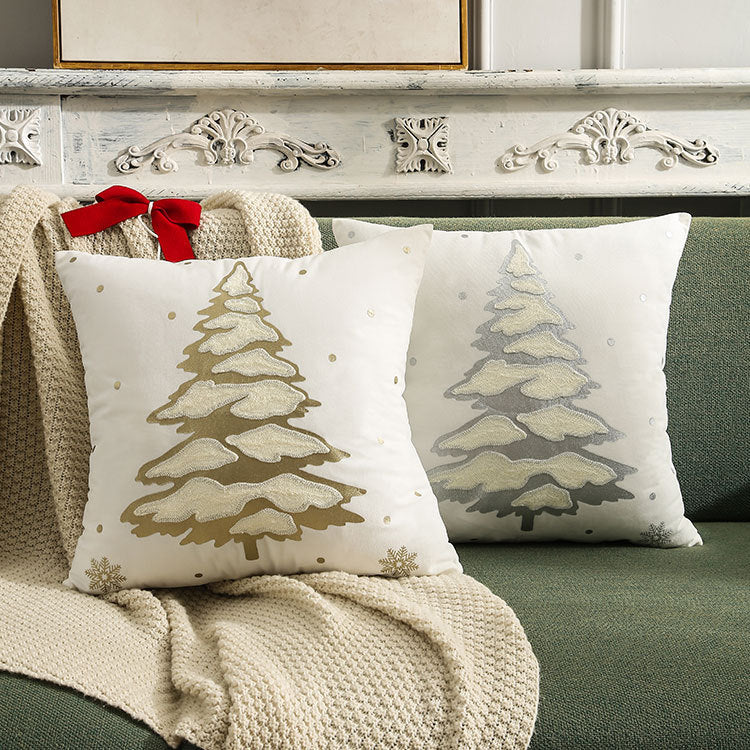 Embroidered Christmas Tree Pillowcase - Silver & Gold Holiday Cushion Cover