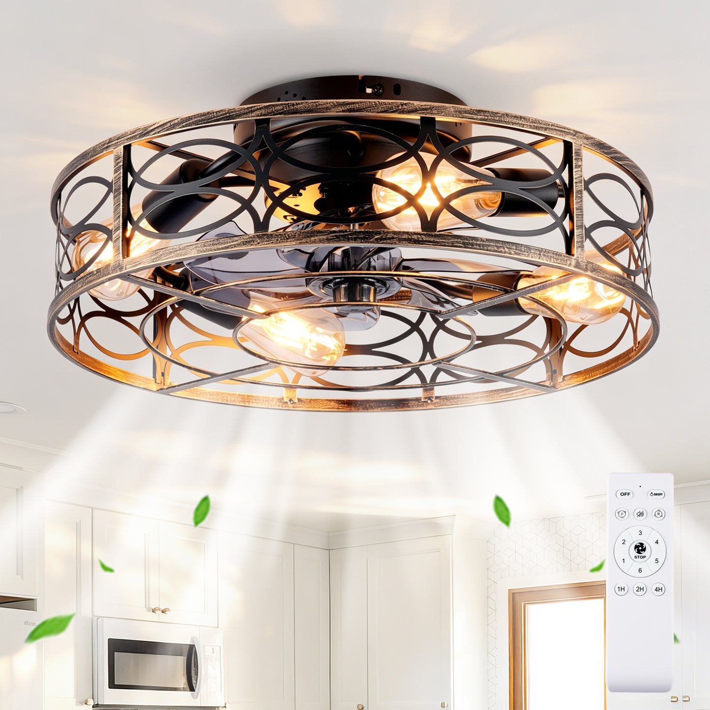 20" Low Profile Caged Ceiling Fan with Lights & Remote - Blush Gold Bronze