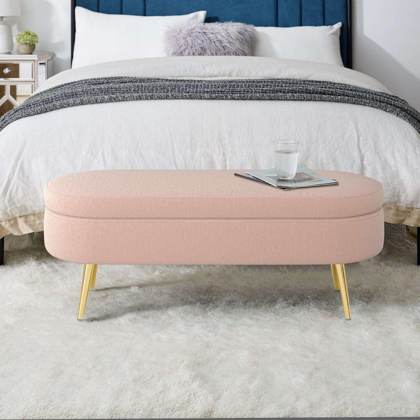 Pink Oval Storage Ottoman Bench with Flannel and Metal Legs