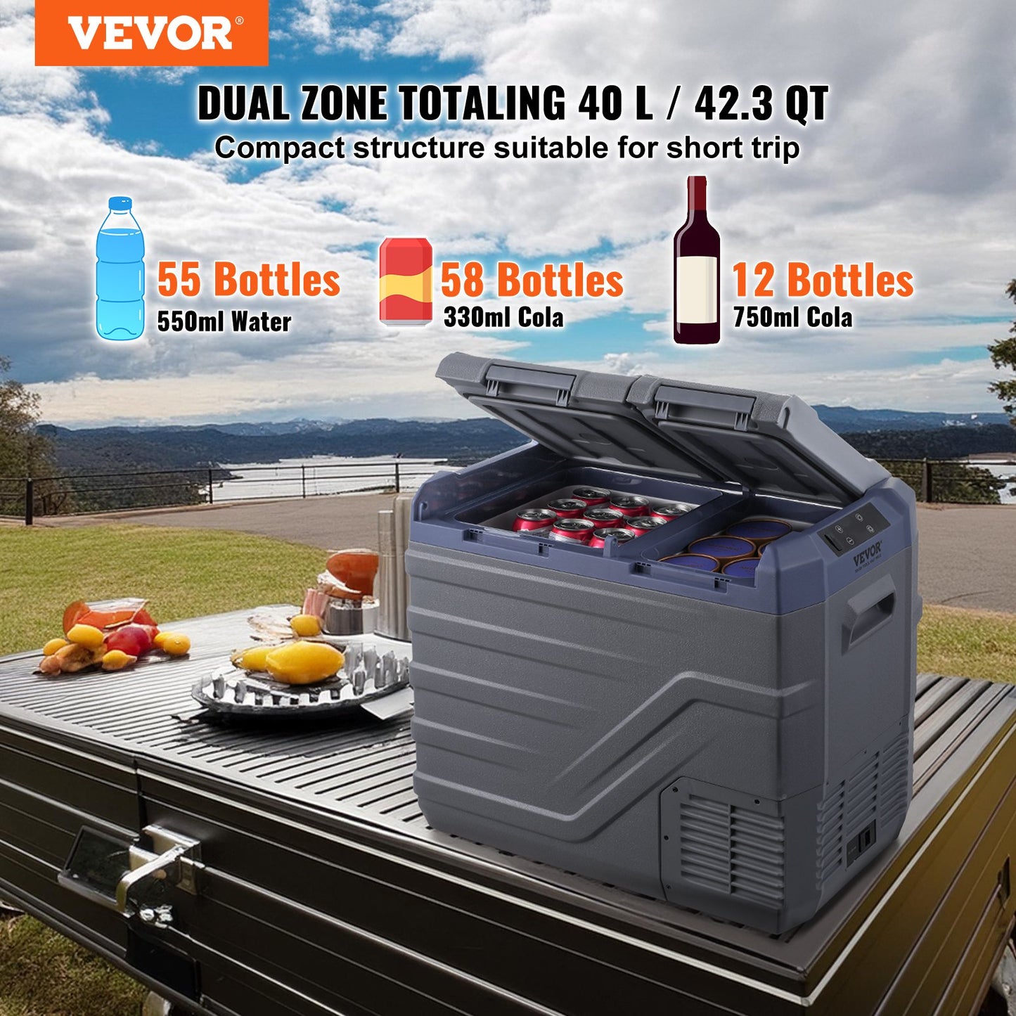 Portable Car Refrigerator Freezer 40L Dual Zone Compressor Cooler - Grey