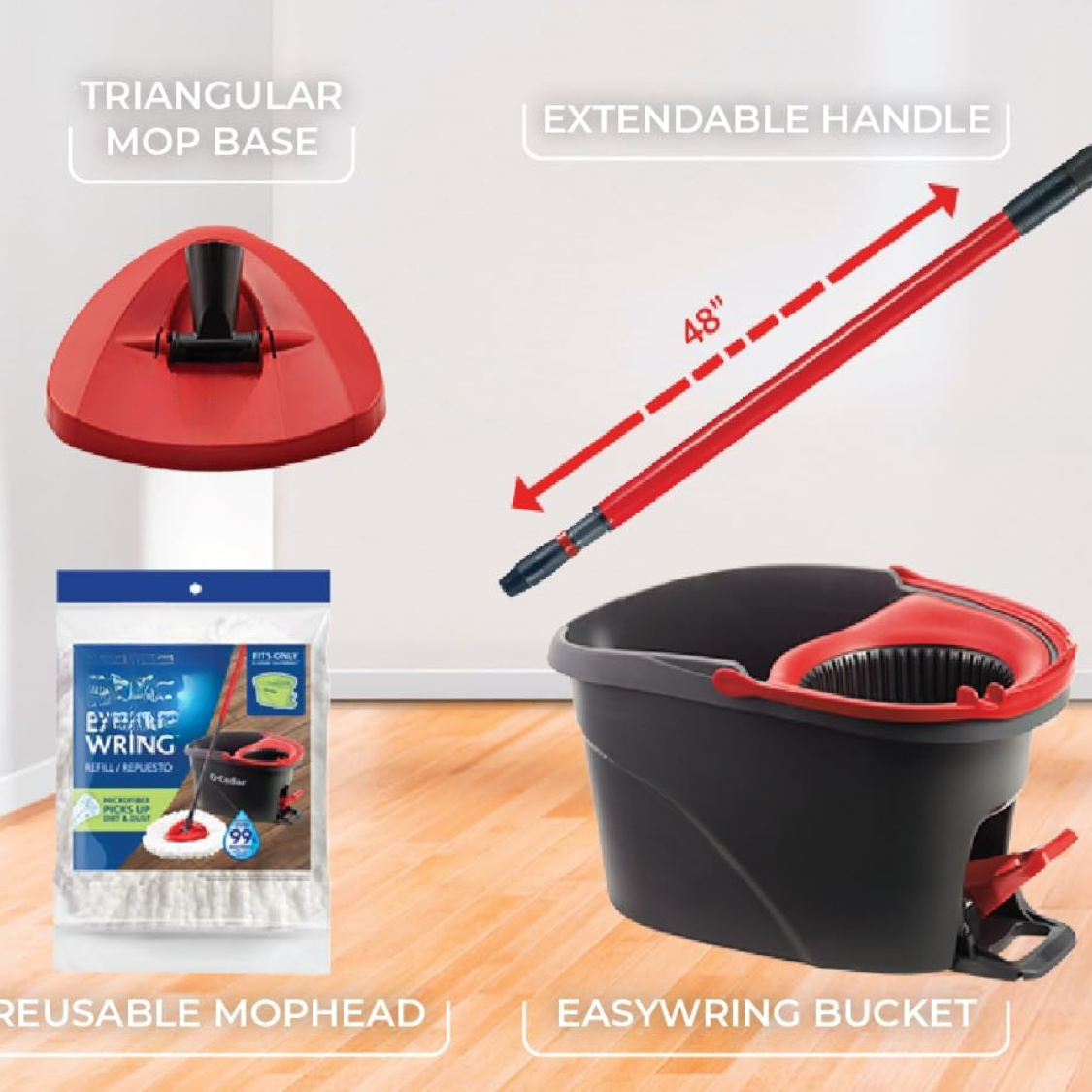 EasyWring Microfiber Spin Mop Bucket Cleaning System - Red Gray