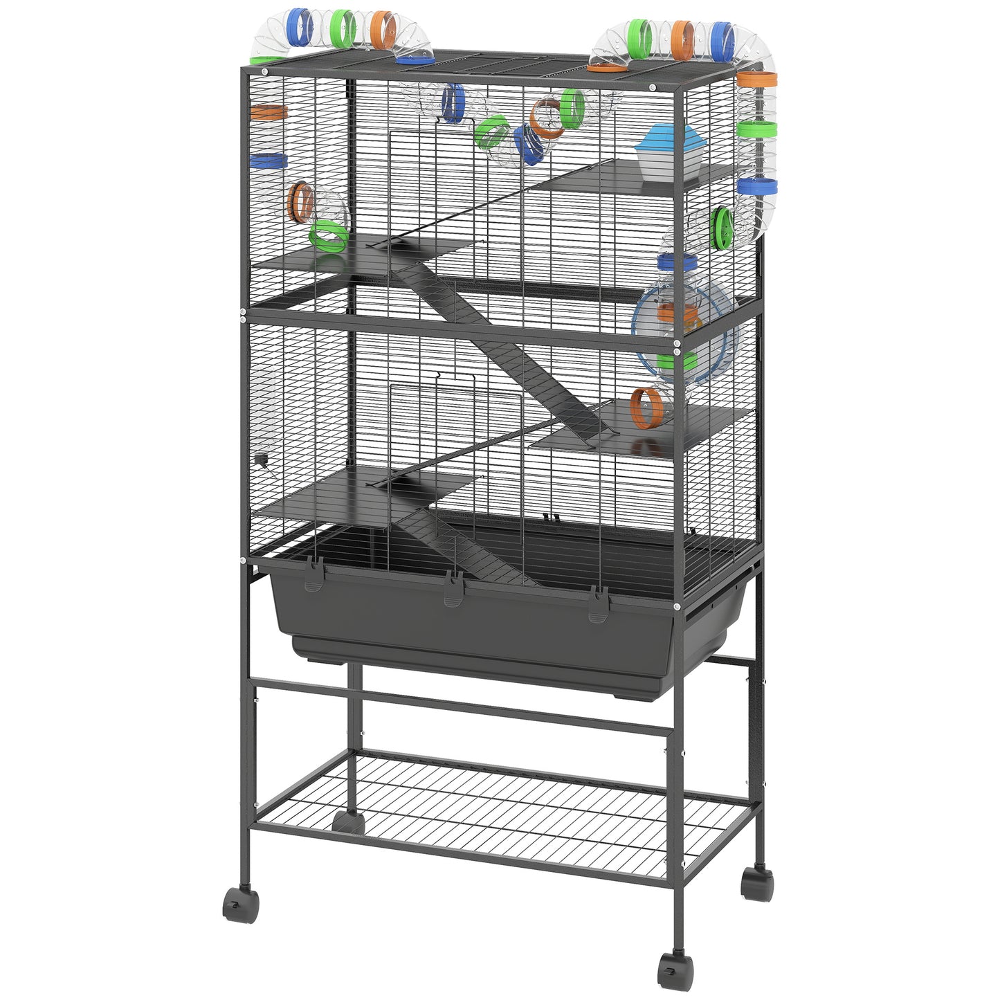 5-Tier Hamster Cage with Deep Tray & Exercise Wheel, Rolling Steel Pet Habitat