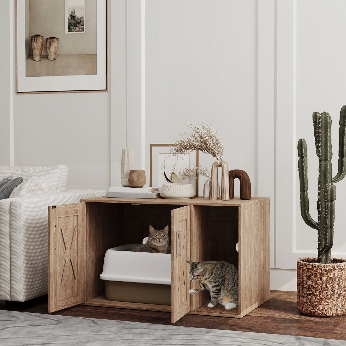 Multifunctional Cat Litter Box Enclosure and Side Table in Walnut Brown