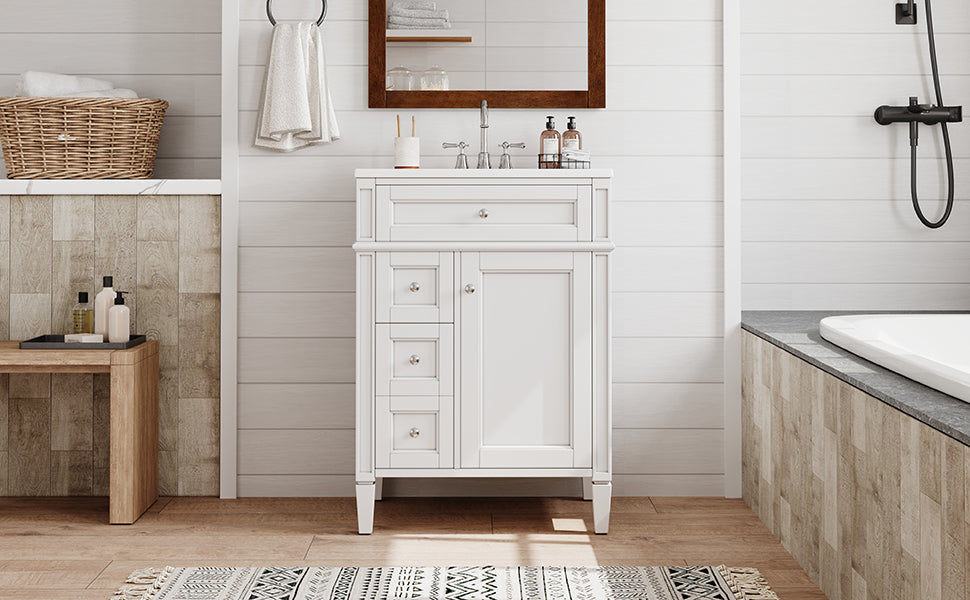 24-Inch Modern Bathroom Vanity with Ceramic Sink & 3 Drawers - White