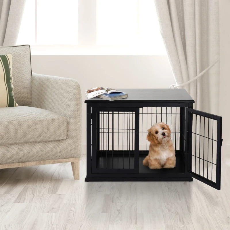 Small Dog Cage End Table with Lockable Doors - Indoor Pet House & Kennel
