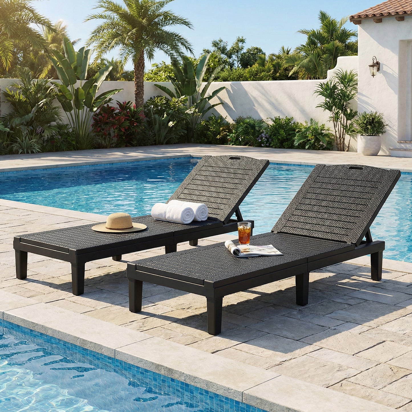 2PCS Adjustable Outdoor Lounge Chair - 5 Position Recliner, Black