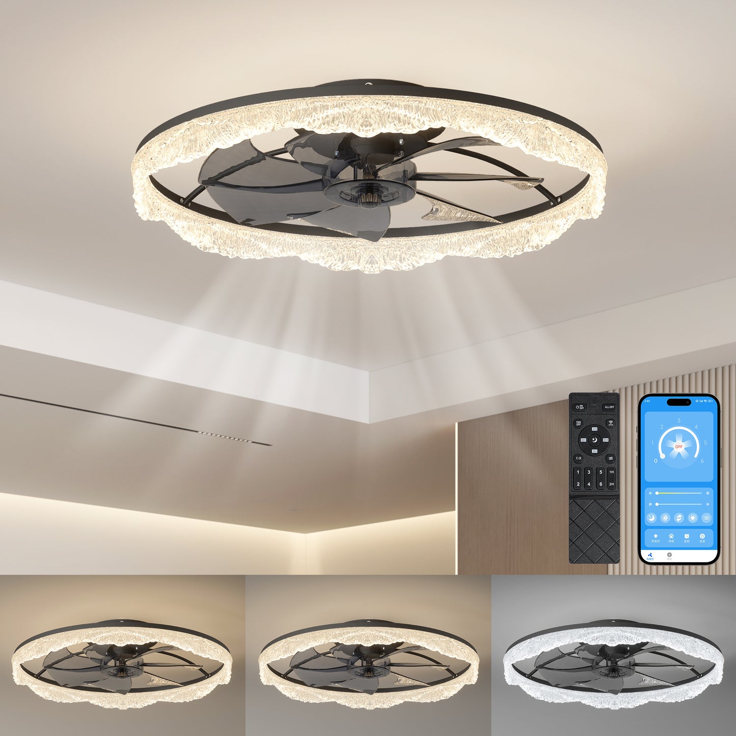 Modern LED Ceiling Fan Light with Remote Control - Black