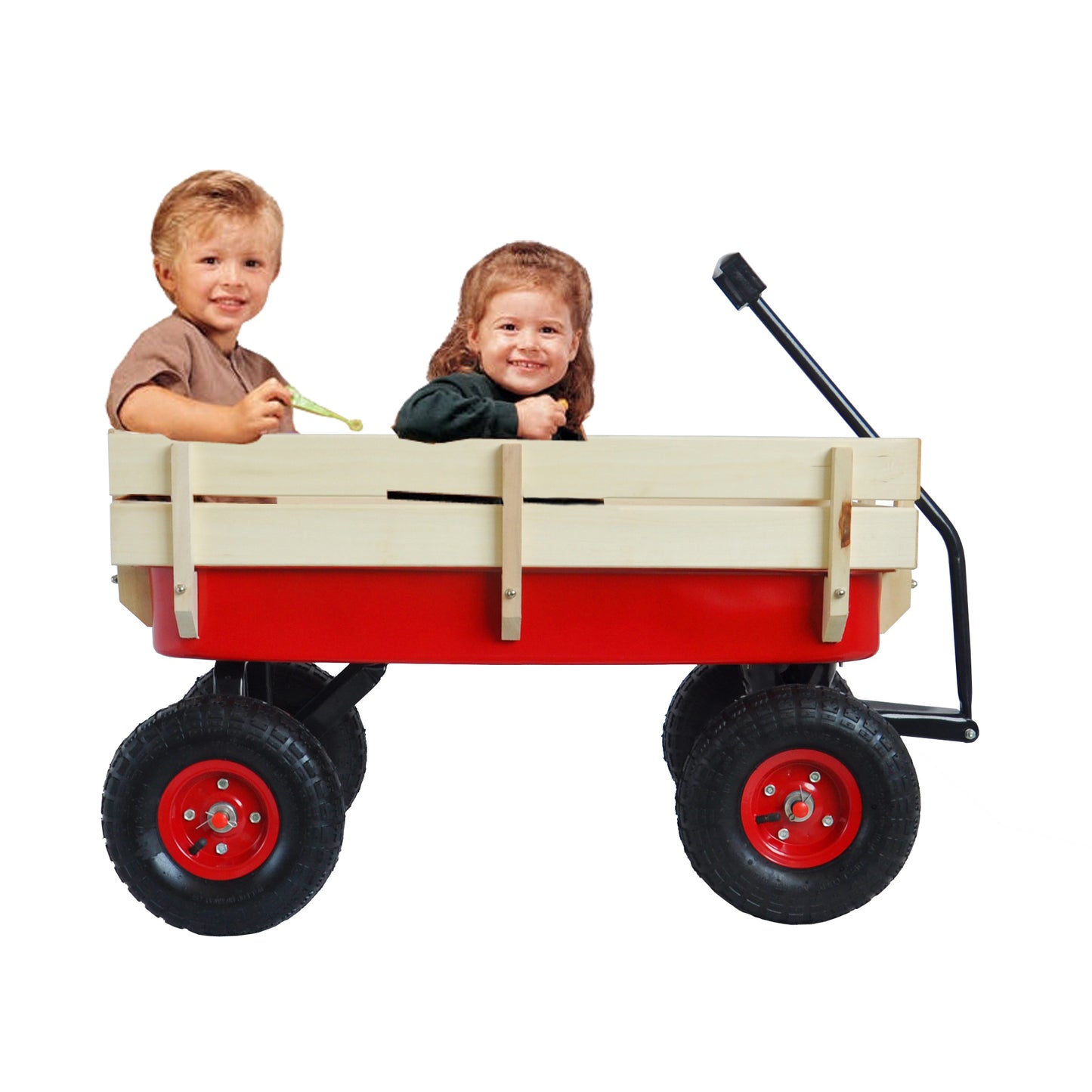 Garden Wagon with Wooden Side Panels and Pneumatic Tires - Heavy Duty Utility Cart
