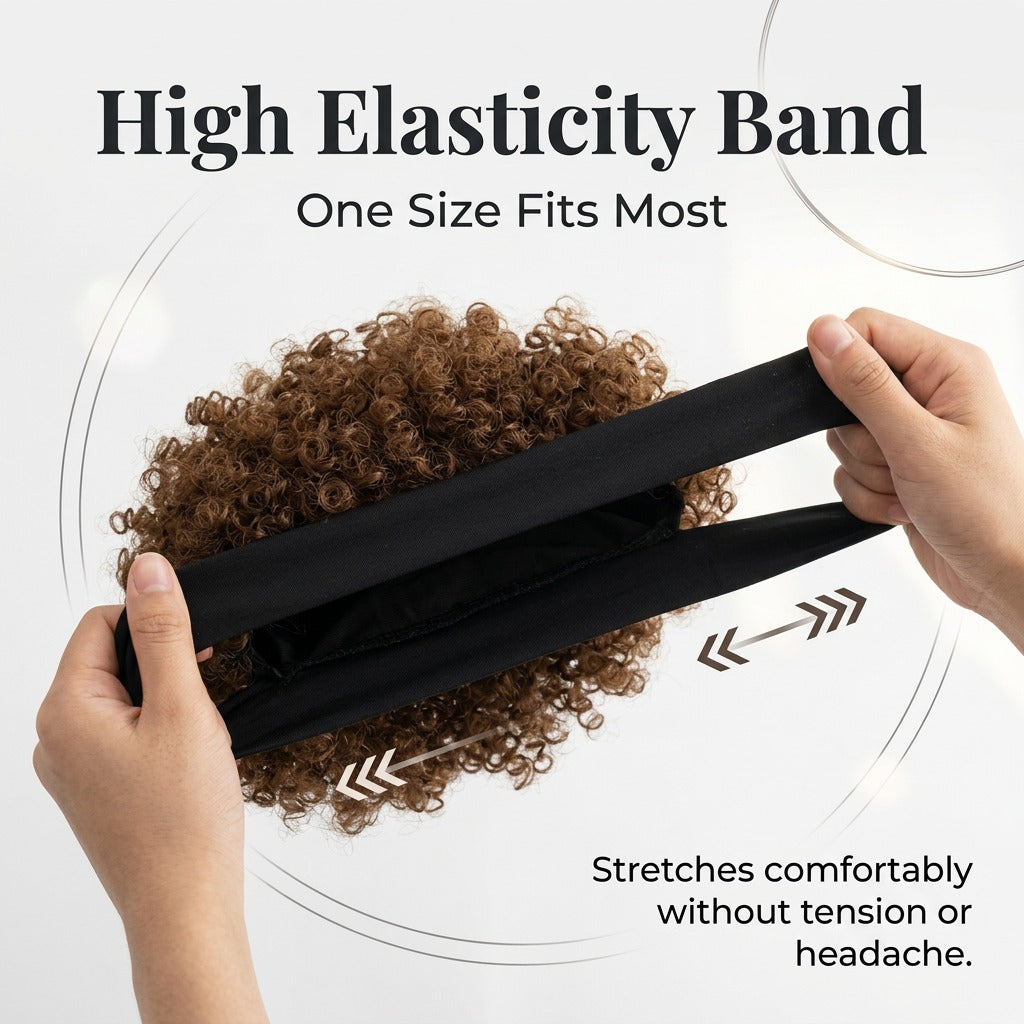 Short Kinky Curly Afro Puff Headband Wig - Natural Brown Glueless Synthetic