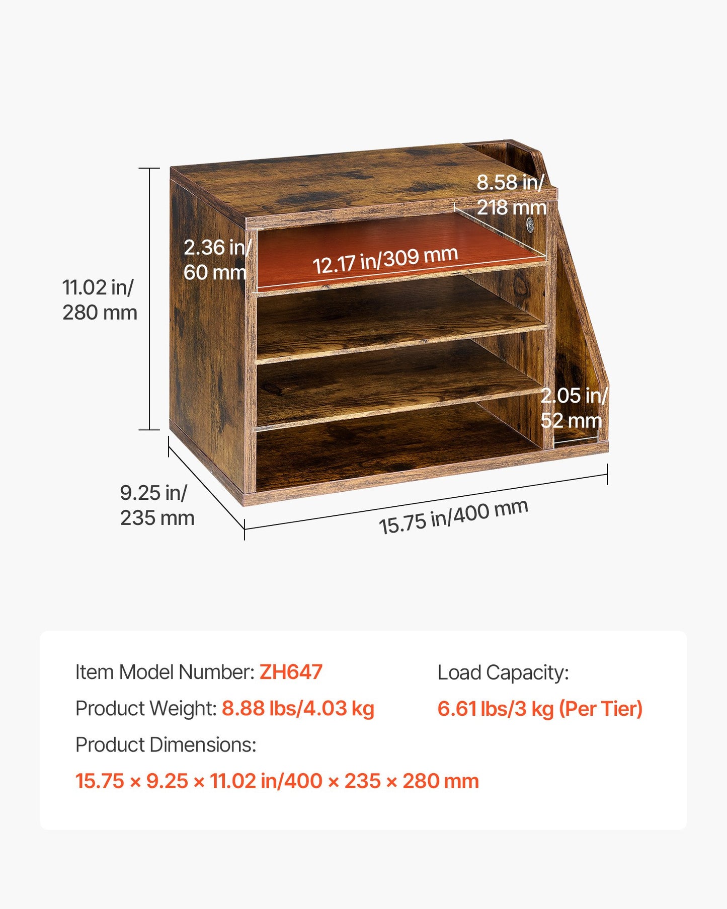 Wooden Literature Organizer with 4 Compartments and Side Storage - Office Desk File and Document Organizer