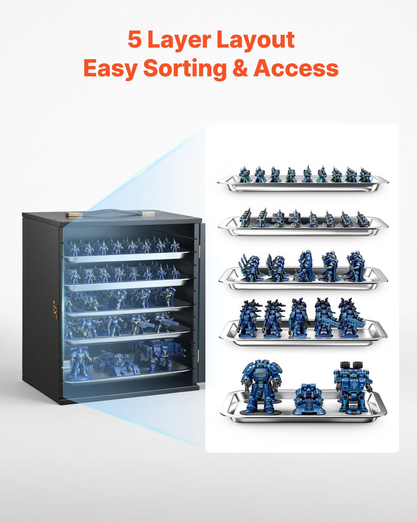 Miniatures Storage Case for Warhammer Models - Wooden Display Box with 5 Trays