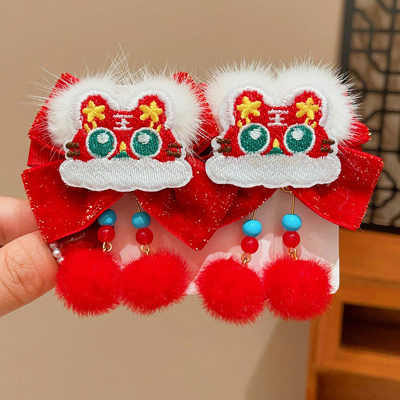 Chinese-Style Lion Dance Hair Clips for Kids - Handmade Pair