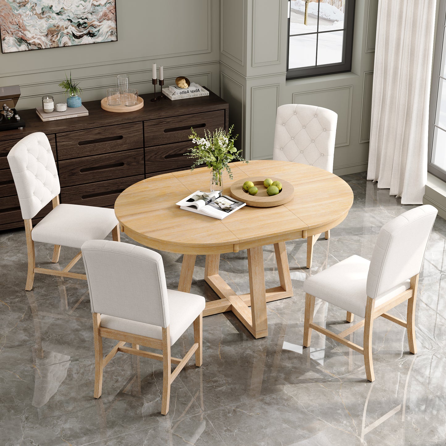 5-Piece Retro Dining Set with Round Table & 4 Upholstered Chairs - Natural