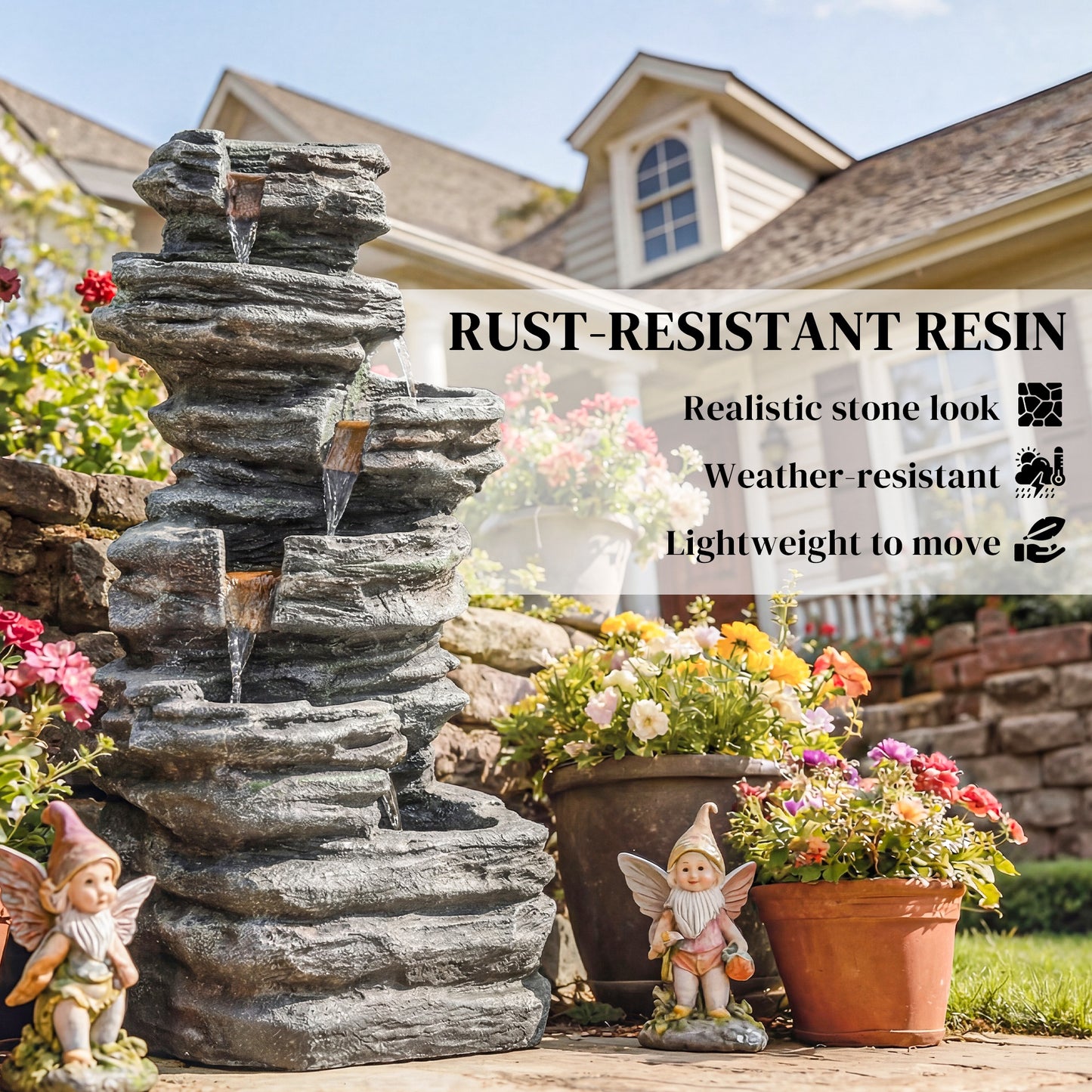 40-Inch Outdoor Water Fountain with LED Lights 6-Tier Cascading Resin Garden Feature - Gray