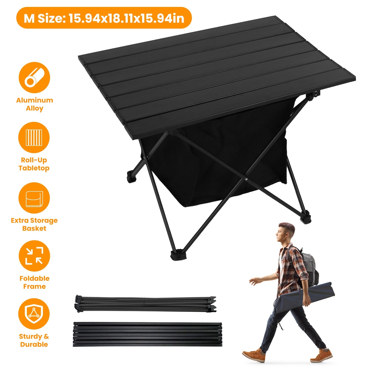 Foldable Camping Table with Storage Basket - Portable Aluminum