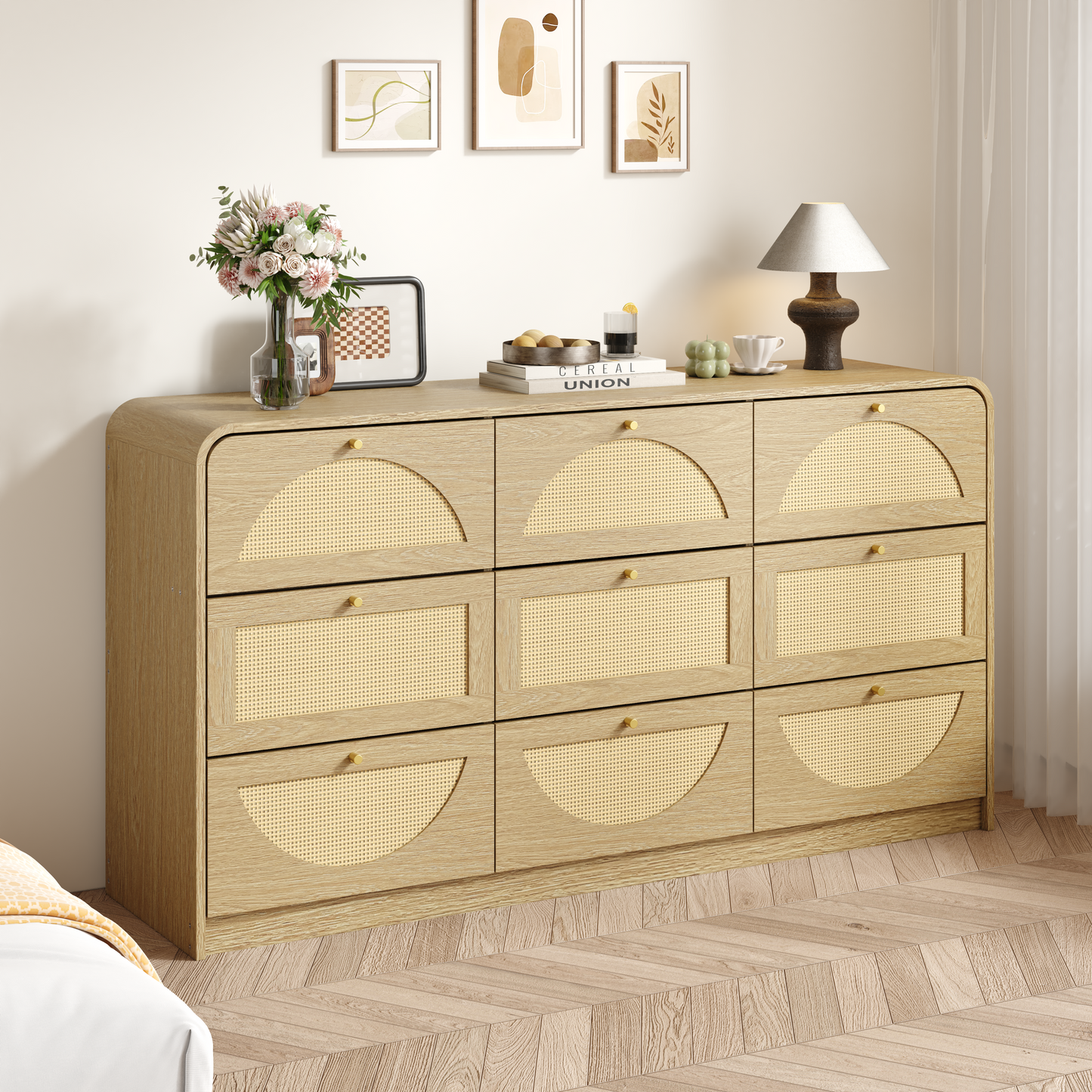 9-Drawer Rattan Dresser - Modern Walnut Storage Cabinet
