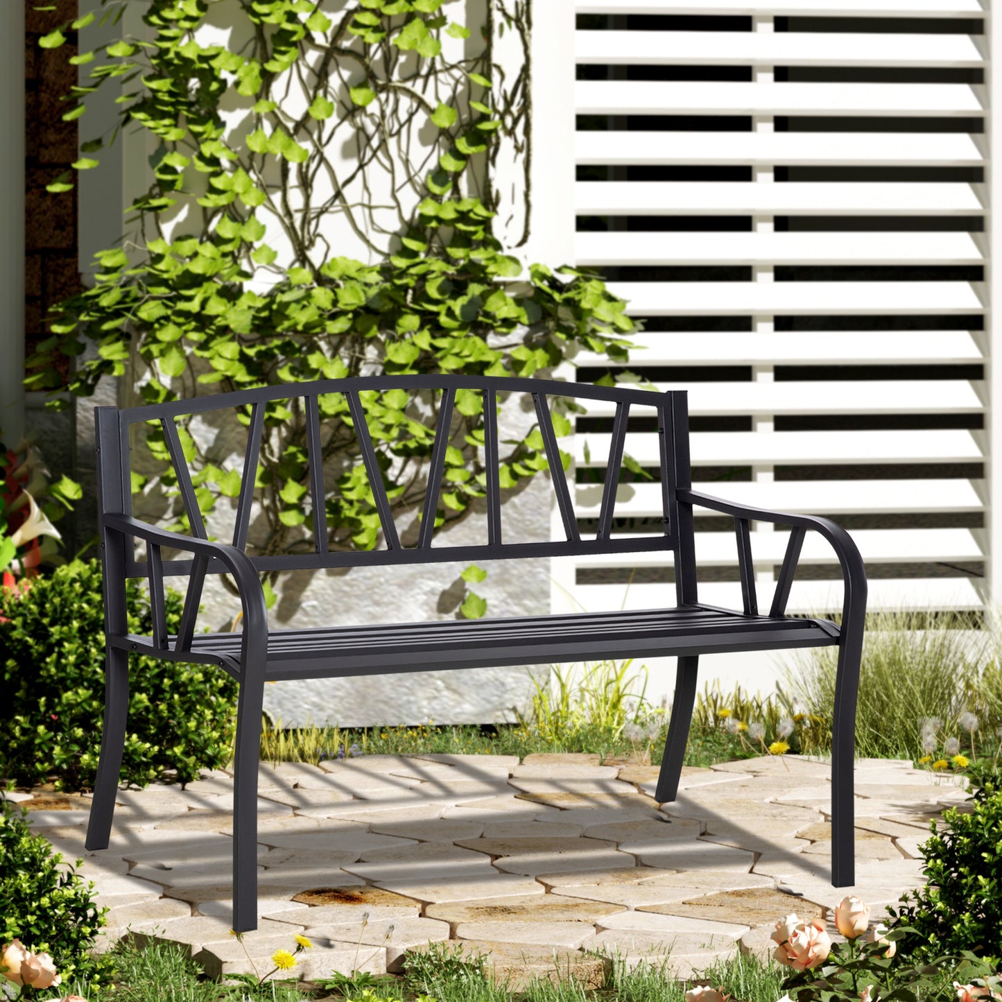 50" Outdoor Metal Bench with V-Shaped Backrest - Black