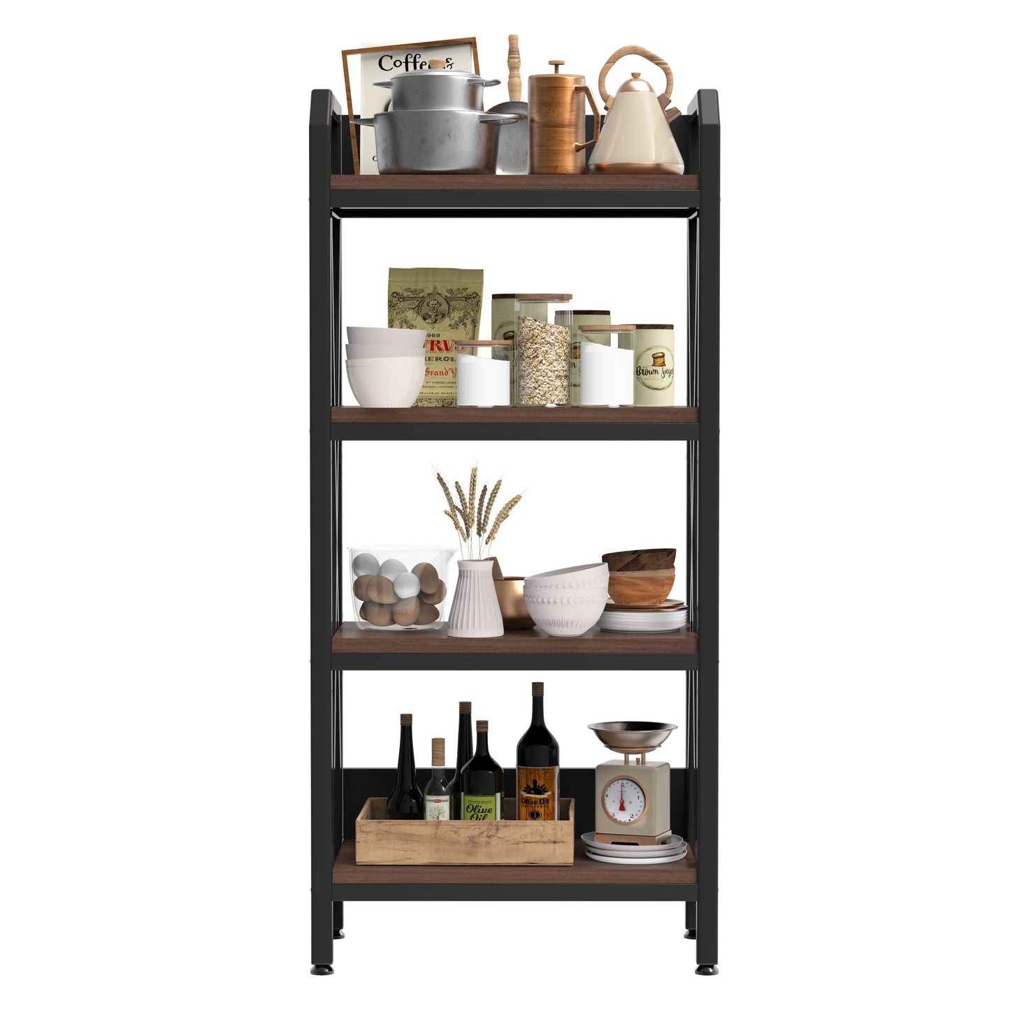 Black 56.3-Inch Metal & Wood Kitchen Storage Rack with 4 Adjustable Shelves