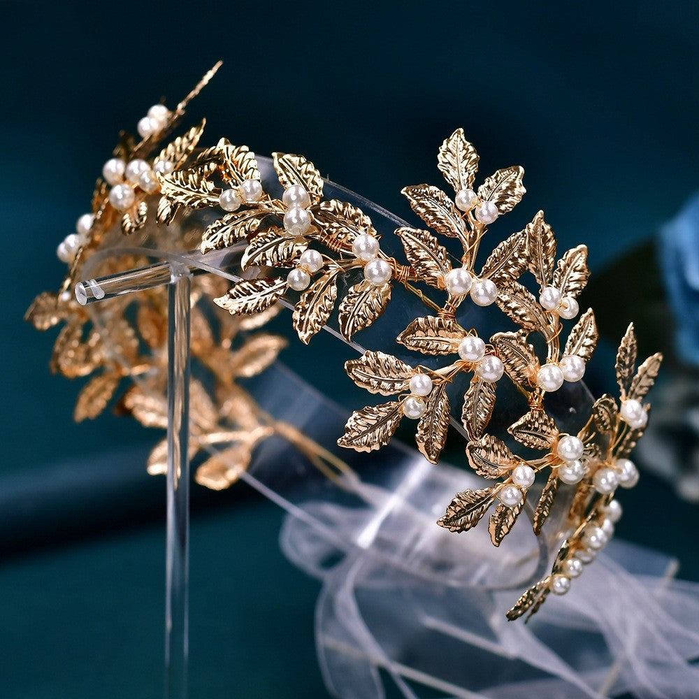 Gold Leaf Pearl Hair Band with White Organza Ribbon - Elegant Hair Accessories