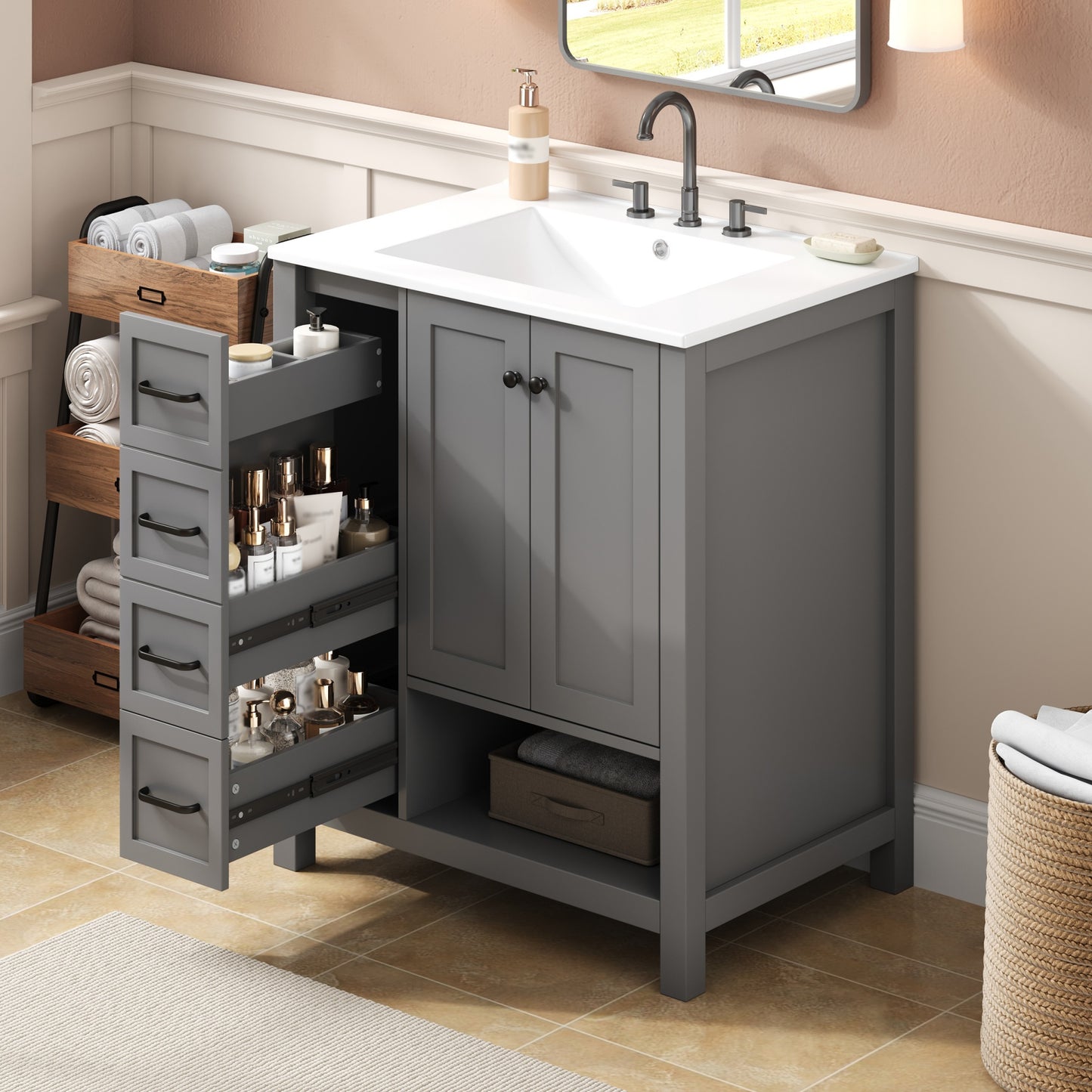 30" Gray Bathroom Vanity with Sink, Solid Wood & MDF Cabinet