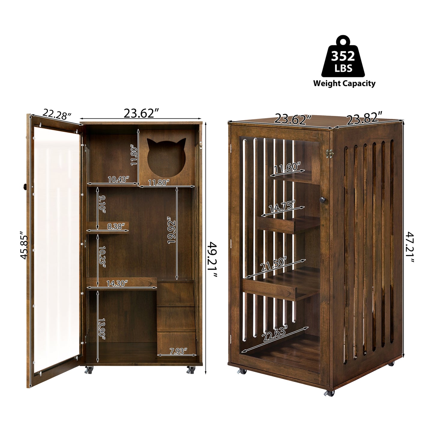 Indoor Rubber Wood Cat Enclosure with Multi-Level Shelves & Lockable Door - Brown Oak Finish