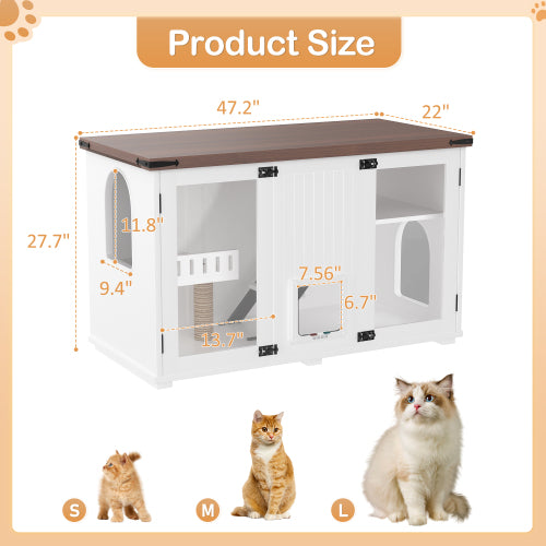 Large Cat Litter Box Enclosure with LED Light and Stairs - White