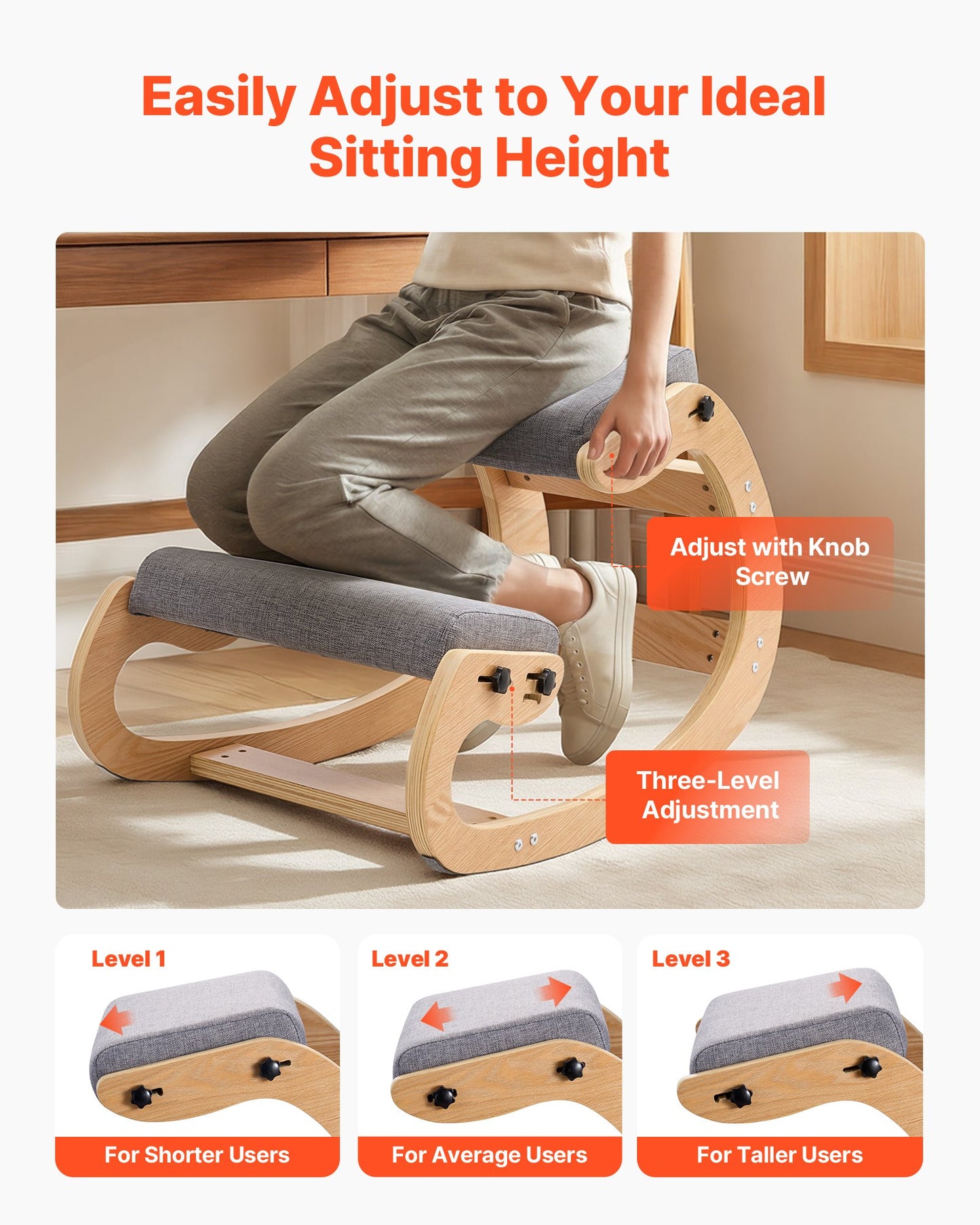 Ergonomic Kneeling Chair with Wooden Frame and Adjustable Foam Cushions - Gray