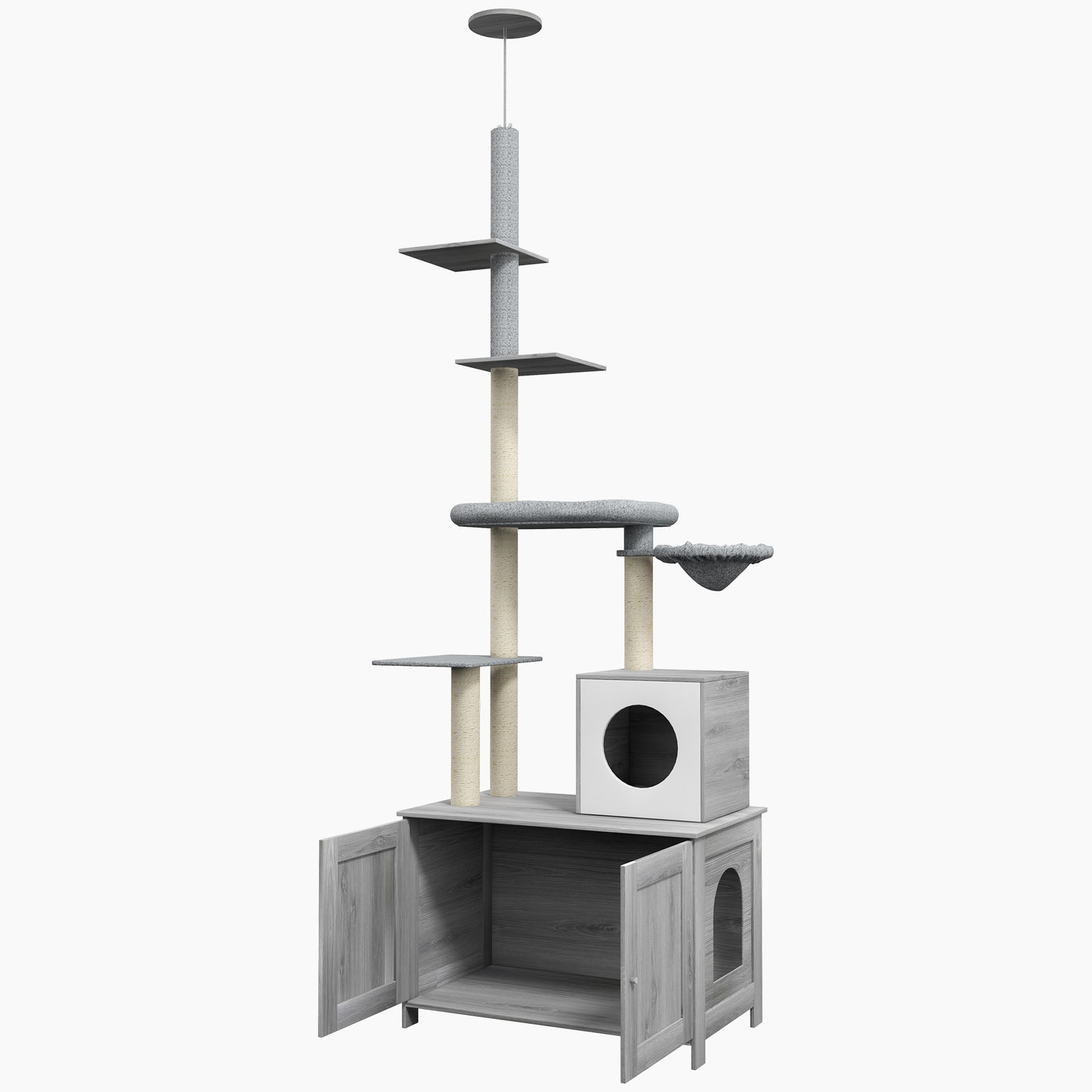 2-in-1 Cat Tree with Enclosed Litter Box, Condo, Hammock & Shelves - Gray