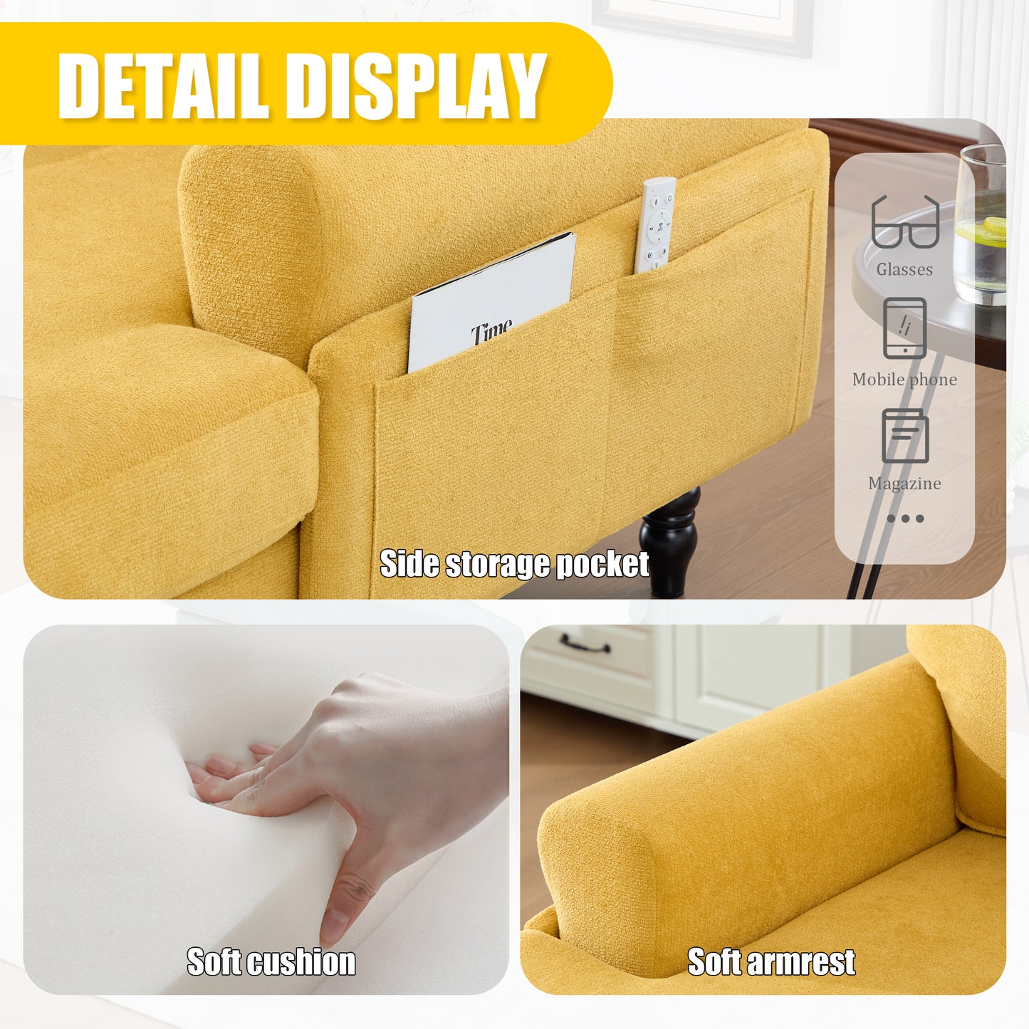 Modern Minimalist Chenille Chaise Lounge Recliner - Mustard Yellow