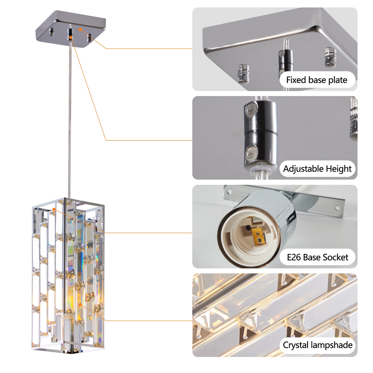 3 Pack 4-Inch Modern Crystal Pendant Lights - Adjustable Ceiling Lamps for Living Room and Dining Room, Chrome Finish