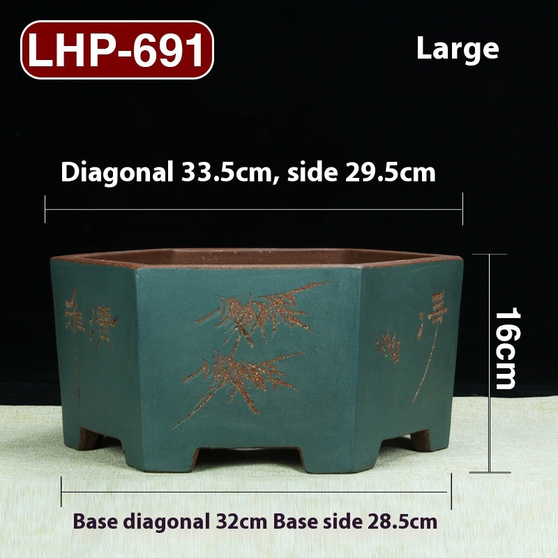 Large Hexagonal Ceramic Bonsai Basin with Purple Sand for Home Garden