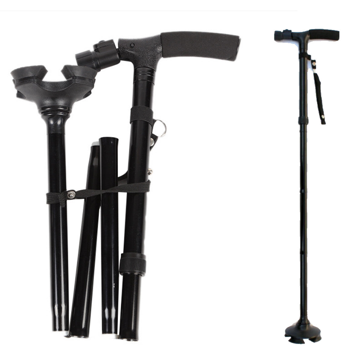 Folding Aluminium Walking Cane with Flashlight - Black