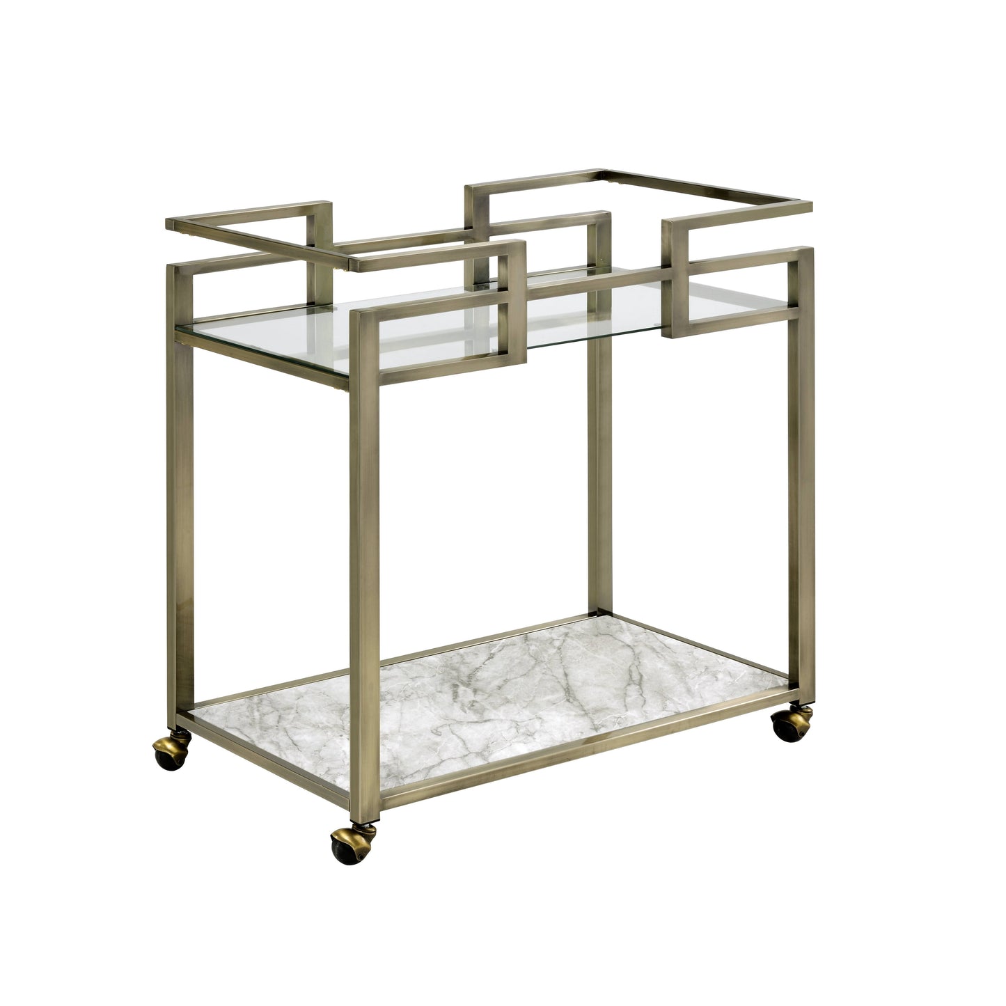 Clear Glass Serving Cart with Faux Marble Top & Brass Finish