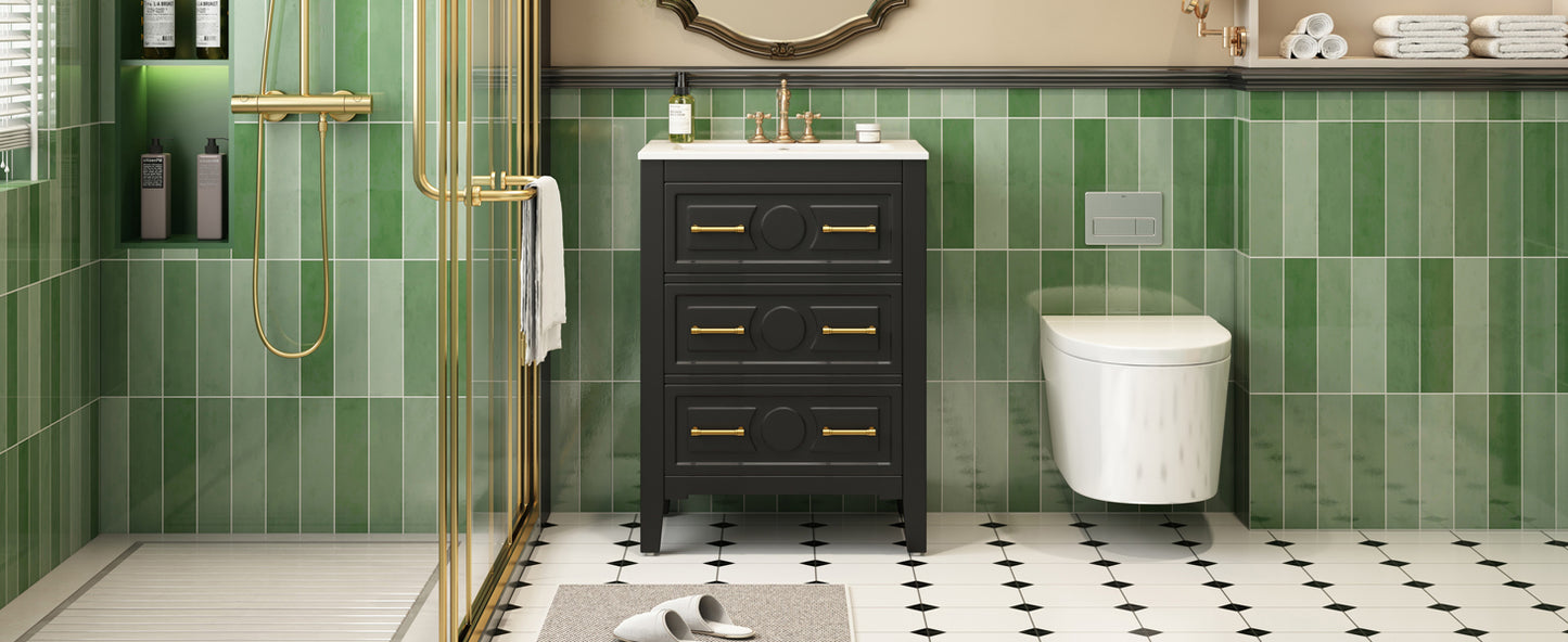 24'' Bathroom Vanity with Ceramic Sink - Black, 3 Drawers