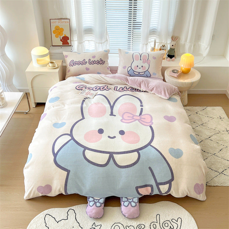 Cartoon Thickened Milk Velvet Bedding Set - Four Piece Kids Bed Linens