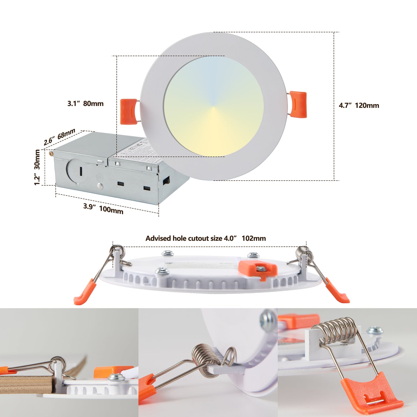 4 Inch Dimmable Recessed Ceiling Light with Junction Box, 2700K-5000K Color Change, 9W, Easy Install, Suitable for Kitchen & Bedroom