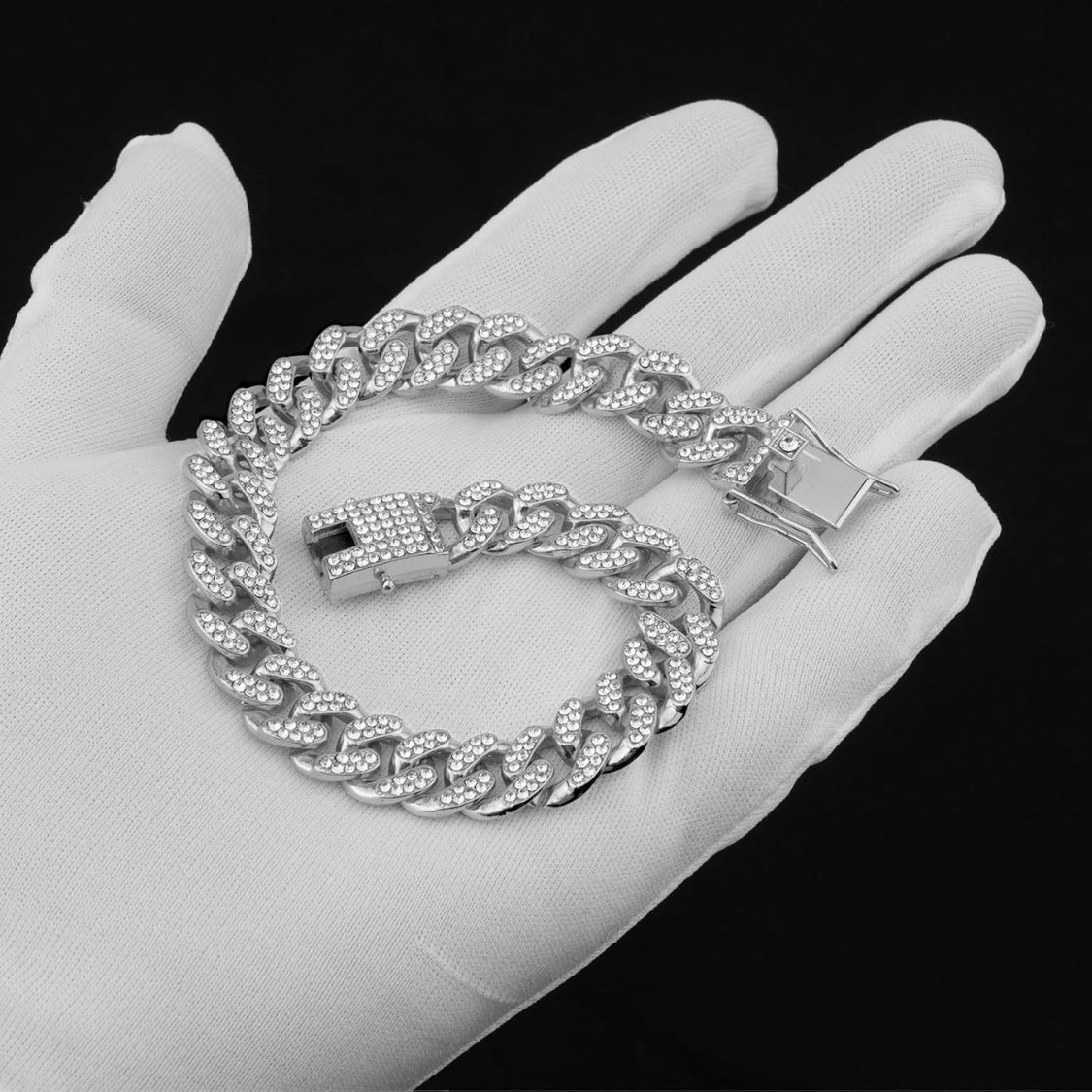 Silver Dog Chain Collar with Diamonds - 13mm Wide Metal Pet Necklace