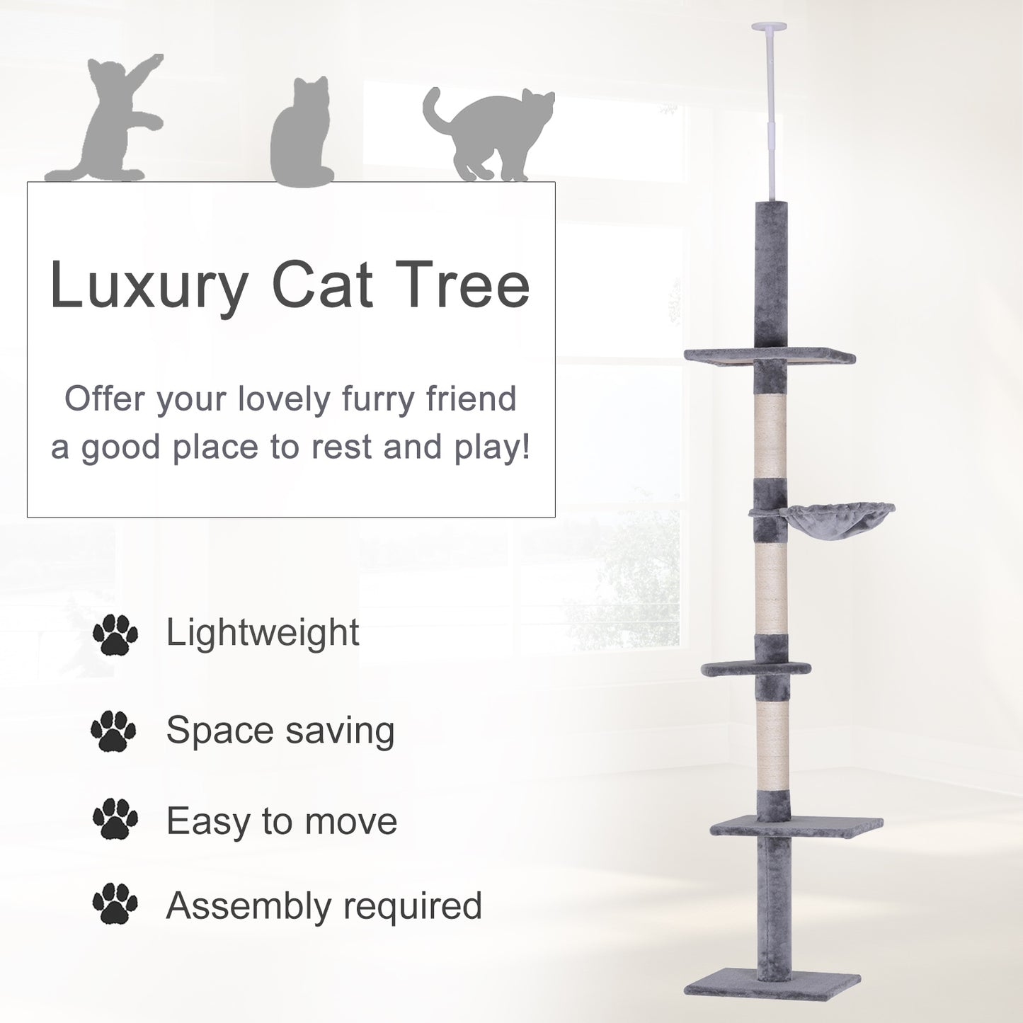 Adjustable 102-Inch Cat Tree with Multiple Platforms, Scratching Posts & Hammock - Gray