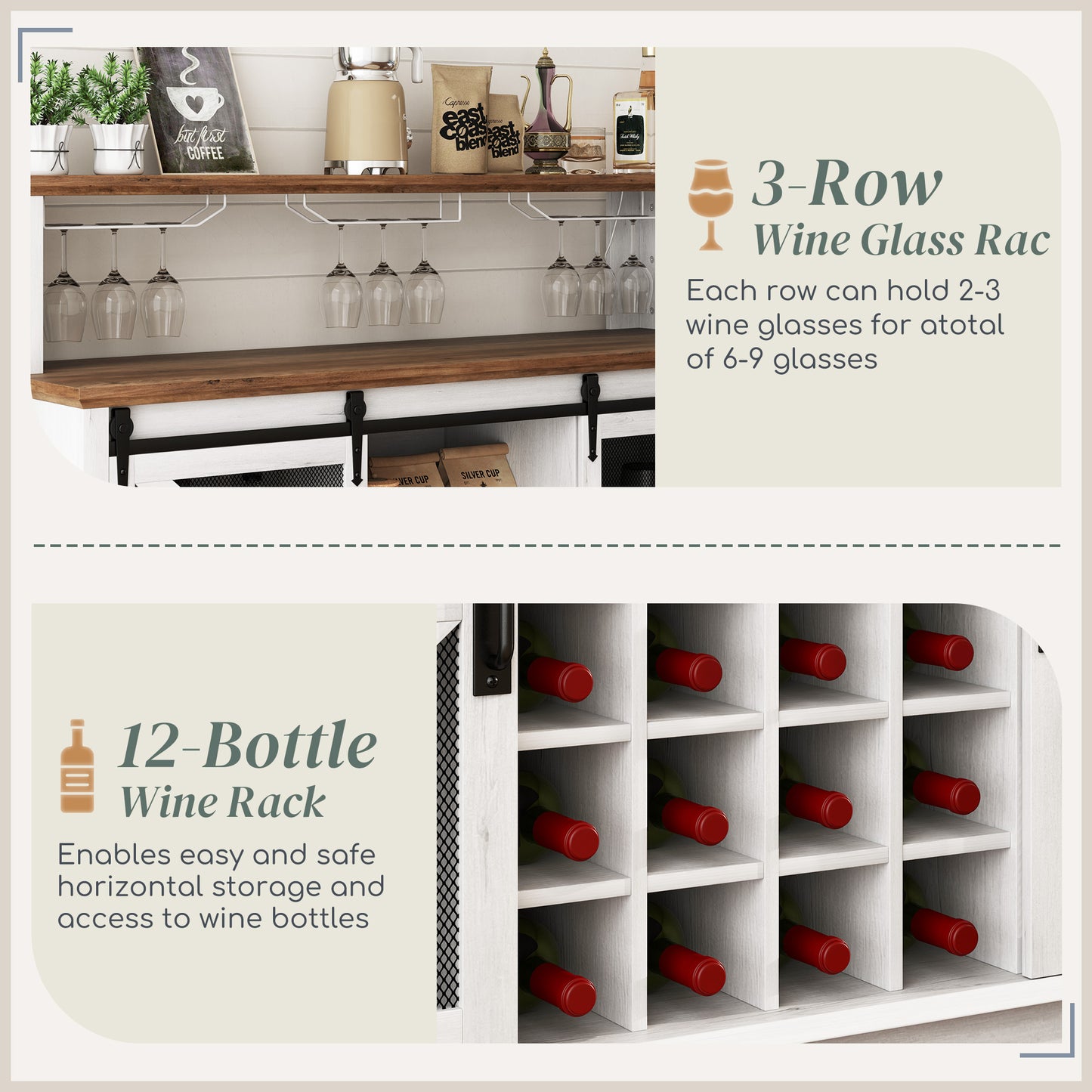 55" Farmhouse Coffee Bar Cabinet with LED Lights - Distressed White