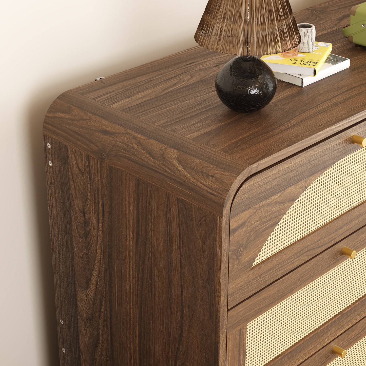 Walnut 8-Drawer Dresser with Rattan Front - Modern Storage Cabinet