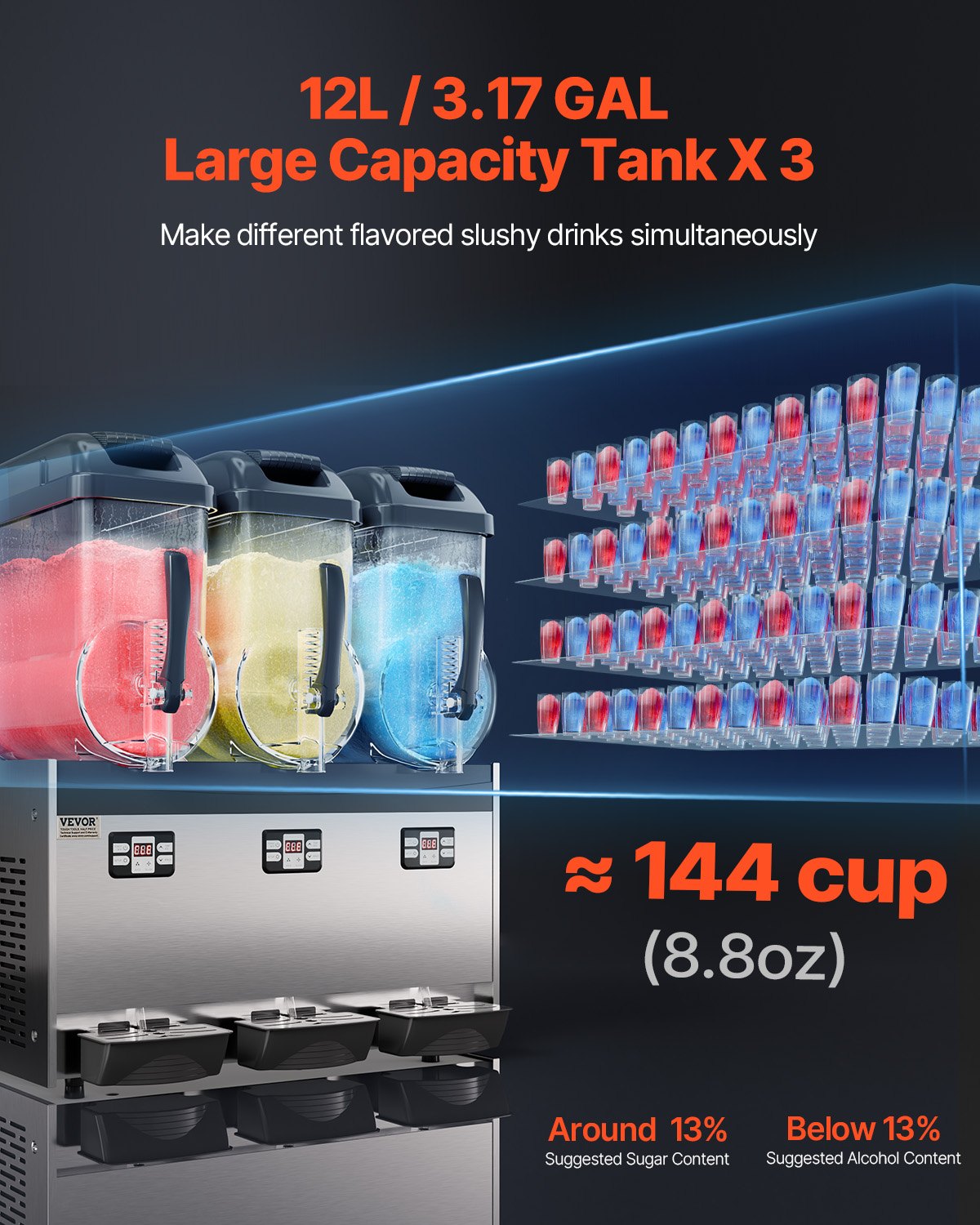 Commercial Slushy Machine 3 Tanks 12L Capacity for Frozen Drinks Margaritas