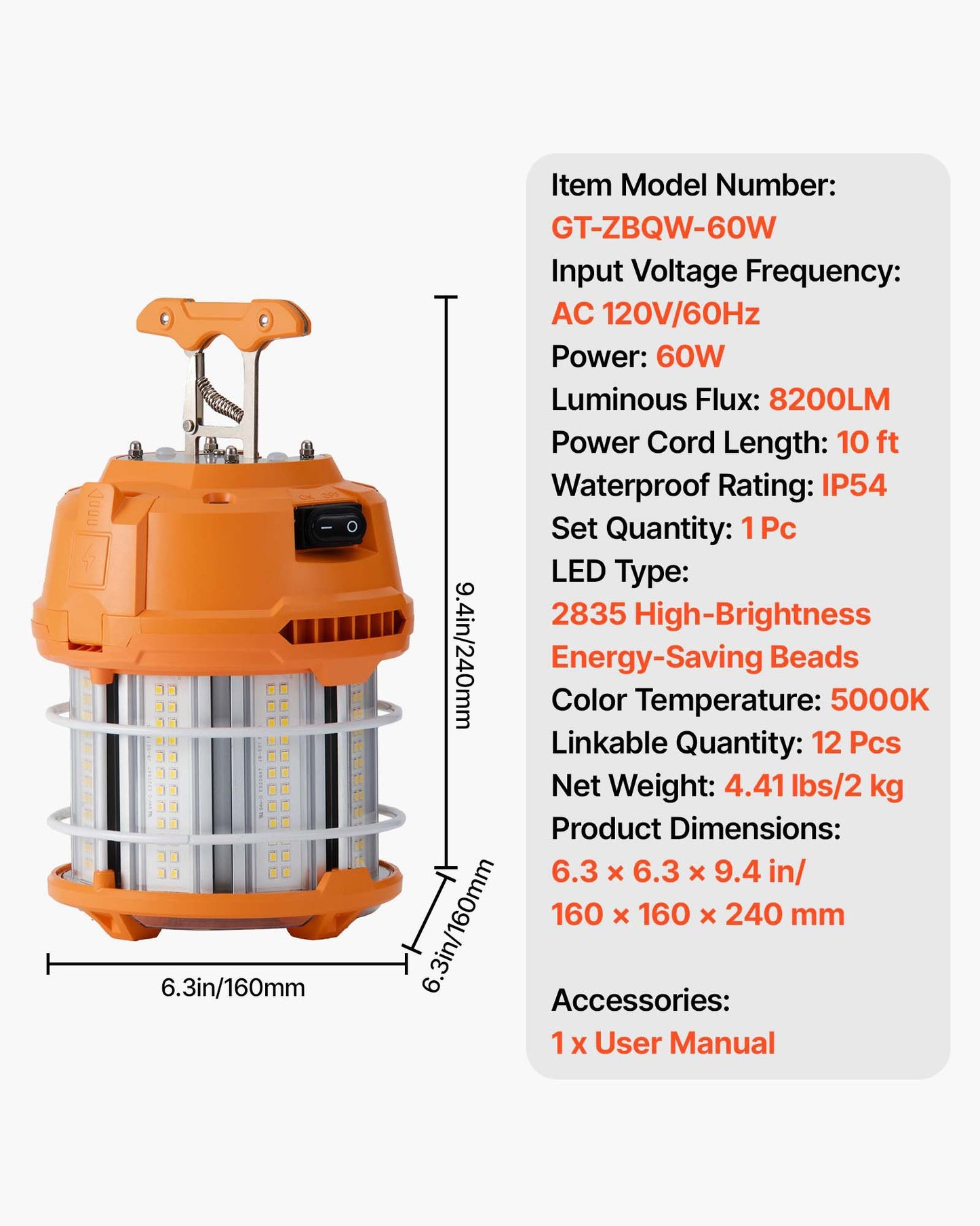 60W LED Temporary Work Light with 8200 Lumens Water-Resistant & Linkable for Construction & Workshop