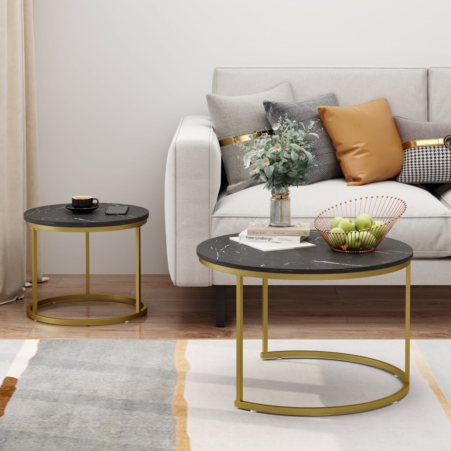 Nesting Coffee Table Set of 2 - Round Black+Gold Marble Top